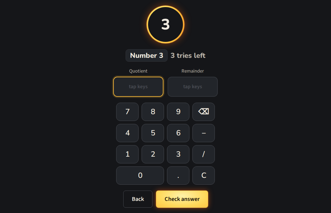 Answer Checker on a classroom computer: a student enters a quotient and remainder on the on-screen keypad before tapping Check answer