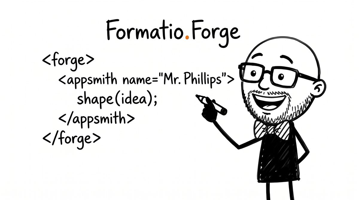 Cartoon of Mr. Phillips, a smiling bald teacher with glasses, a beard, and a bow tie, writing HTML code on a whiteboard under the words Formatio.Forge