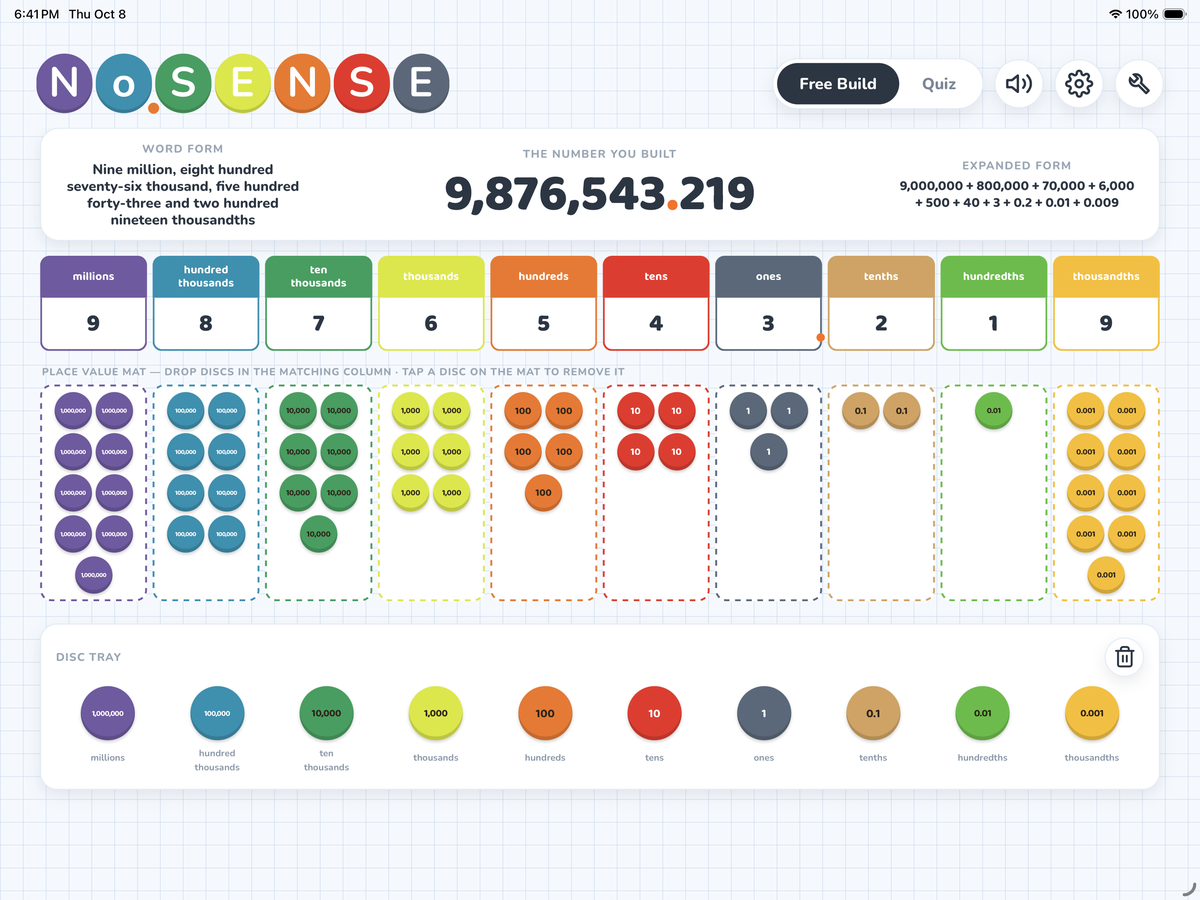 No.Sense Build-a-Number: place-value discs on the mat building 9,876,543.219, with the word form and expanded form shown
