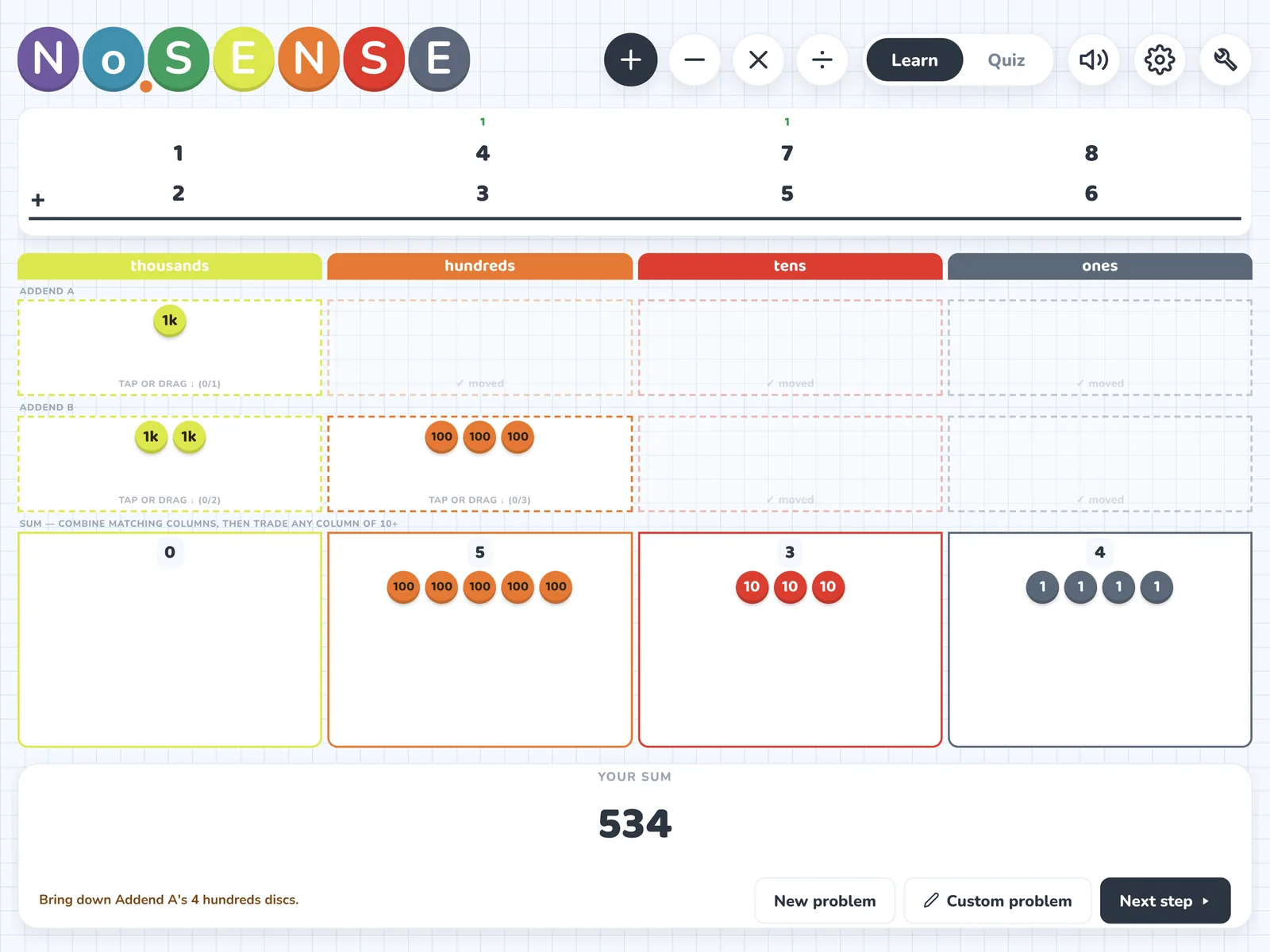 No.Sense Model It showing 1,478 plus 2,356 worked out with place-value discs, mid-problem, after trading ones for a ten